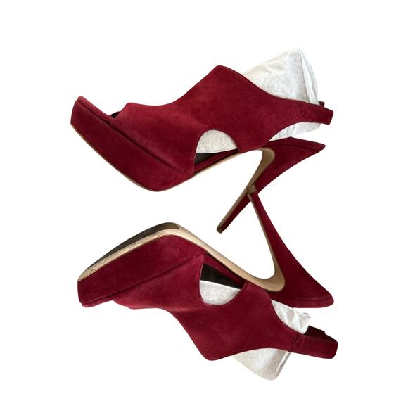 Miu Miu Red Burgundy Suede Platform Peep Toe Heeled Sandal - Picture 5 of 11